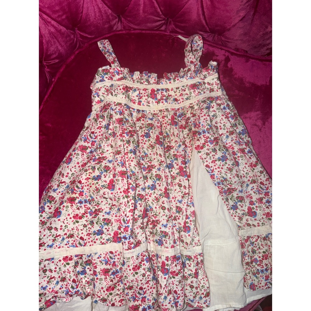 Adrian East Girls Floral Lace Trim Tiered Sundress White Pink Blue Size 5